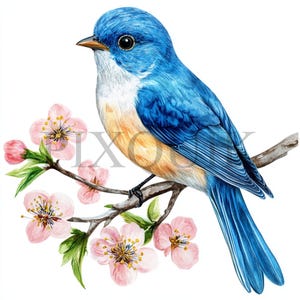 Clipart di uccellino azzurro su ramo fiorito / 10 JPG e PNG di alta qualità / Arte della natura primaverile / Illustrazione di uccelli ad acquerello / Floreale rustico