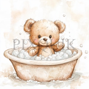 Ours en peluche prenant un bain des cliparts | 10 fichiers JPG | Fabrication de cartes | Artisanat numérique en papier | Aquarelle | Conception de bain ours brun