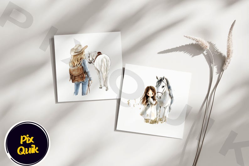 Girl with Horse Clipart, Digital Horse and Rider Art, Country Girl Illustration, White Horse Clipart, Equestrian Digital PNG, Kid’s Horse Ar