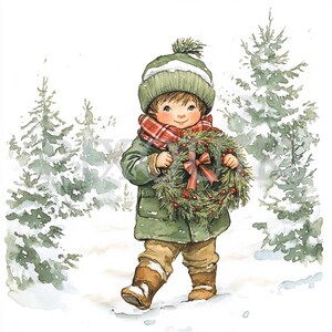Kleine jongen met een vintage kerstkrans-clipart | 4 clipartbestanden | Kaarten maken | Digitale papierkunst | Aquarelkunst