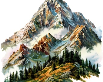 Akvarell bergsclipart | Natursköna landskaps-JPG-bilder (digital nedladdning)