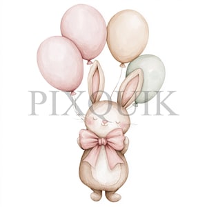 Coniglietto con palloncino Clipart / 10 file JPG e PNG / Creazione di biglietti / Artigianato di carta digitale / Arte ad acquerello / Design palloncino rosa, palloncino