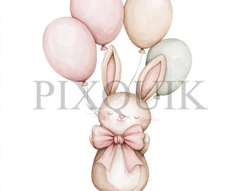 May include: A watercolor illustration of a brown bunny wearing a pink bow, holding onto four balloons. The balloons are pink, beige, and green.