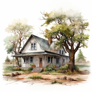 Watercolor Farmhouse Clipart: 10 JPGs, Cottagecore Style (Digital Download)