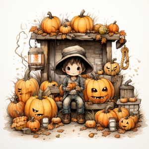 Puede incluir: Una ilustración caprichosa de un niño rodeado de calabazas. El niño, con un sombrero y sosteniendo una pequeña calabaza, está sentado en un banco de madera. Calabazas talladas y calabazas de varios tamaños crean una escena festiva de Halloween.
