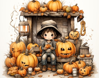 Watercolor Pumpkin Patch Clipart | Autumn Scene (Digital Download)