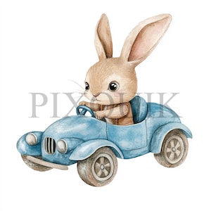 Coelho com clipart de carro de brinquedo | 10 arquivos JPG e PNG | Criação de cartões | Artesanato em papel digital | Arte em aquarela | Design de carro azul, coelho de carro de brinquedo