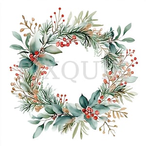 Kerstkrans Clipart | 4 png-bestanden | Kaarten maken | Fastival-ontwerp | Aquarelkunst | Boho-stijl met groene tinten