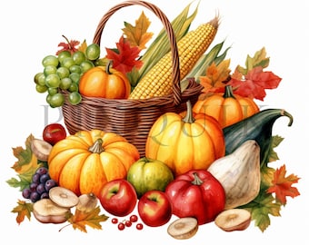 Herfstoogst Clipart | Pompoenen, maïs, fruit (digitale download)