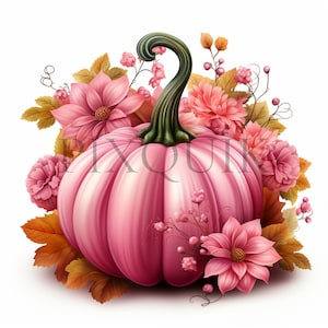 May include: A pink pumpkin with a green stem surrounded by pink and orange flowers. The pumpkin is sitting on a white background.