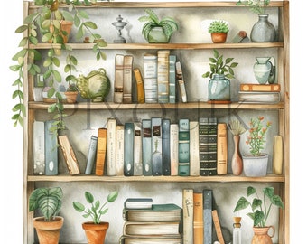 Watercolor Bookshelf Clipart | Floral Books, 10 JPGs (Digital Download)