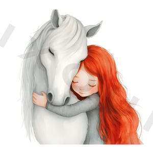 Girl with Horse Clipart, Digital Horse and Rider Art, Country Girl Illustration, White Horse Clipart, Equestrian Digital PNG, Kid’s Horse Ar
