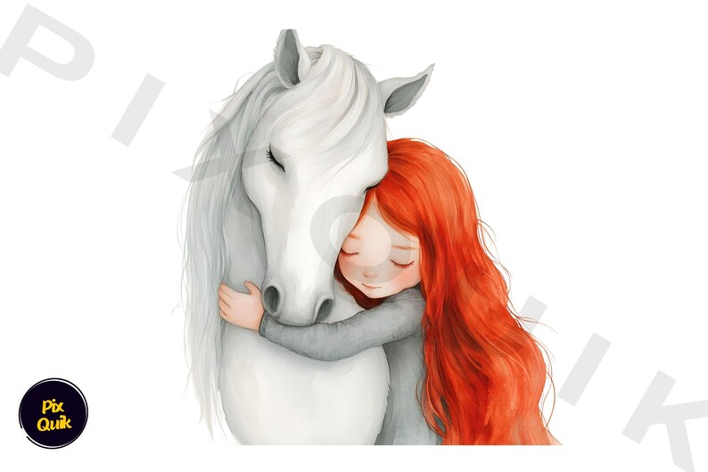 Girl with Horse Clipart, Digital Horse and Rider Art, Country Girl Illustration, White Horse Clipart, Equestrian Digital PNG, Kid’s Horse Ar