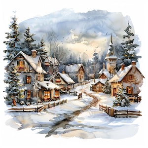 Clipart de inverno | Clipart de vila de inverno | 10 JPGs de alta qualidade | Paisagem de inverno | Arte em aquarela | Download digital, criação de cartões