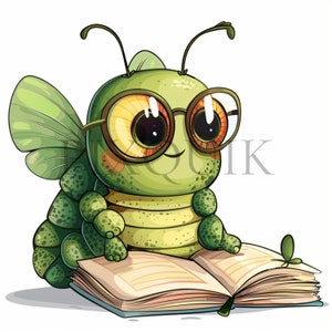 May include: A green cartoon caterpillar wearing glasses and reading a book. The caterpillar has a large, round head with big eyes and a small mouth. It is wearing round, orange-rimmed glasses. The caterpillar is sitting on a book with its front legs on the pages. The book is open and has white pages with black lines.