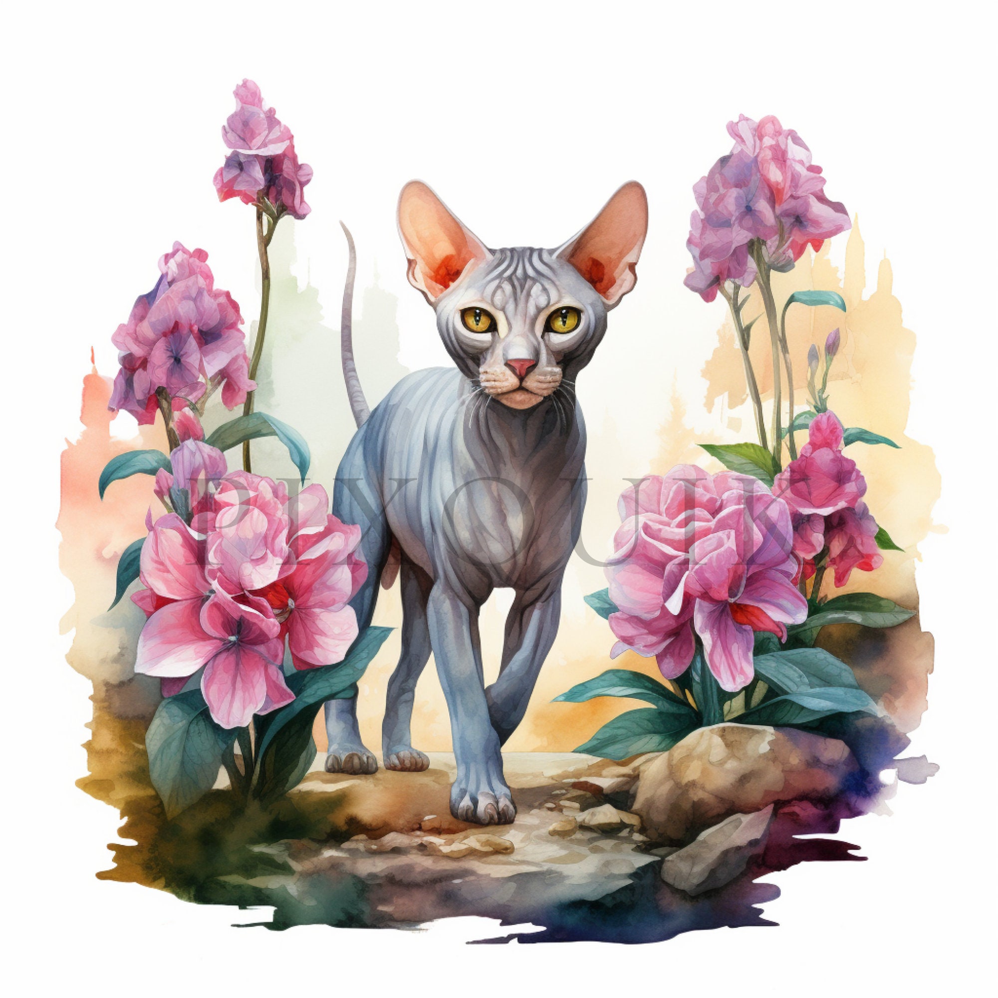 Sphynx Cat Floral Illustration | High-quality Jpgs (digital Download ...