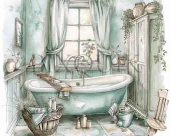 May include: A vintage bathroom with a clawfoot tub, a wooden cabinet, and a wicker basket filled with towels. The walls are painted a light blue-green color, and the window is open to let in the sunlight.