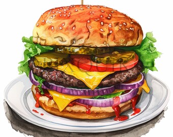 Akwarelowy Cheeseburger | Ilustracja Fast Food (JPG)