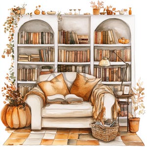 Clipart accogliente della biblioteca autunnale / 10 JPG e PNG di alta qualità / Illustrazione della sala di lettura autunnale / Arte della biblioteca ad acquerello / Decorazione rustica del libro /