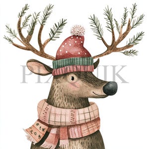 Moose with Christmas Hat Clipart | 10 JPG&#39;s and PNG Files | Card Making | Digital Paper Crafts | Watercolor Art | Cute Moose Holiday