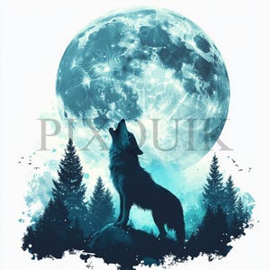 Clipart di luna piena con lupo che ulula / 10 file JPG e PNG / Creazione di biglietti / Artigianato di carta digitale / Arte ad acquerello / Scena del cielo notturno