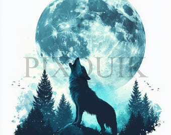 Watercolor Howling Wolf Clipart: Full Moon Night Scene (JPG & PNG)