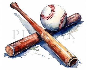 Watercolor Baseball Bat and Ball Clipart – High-Quality JPG (Digital Download)