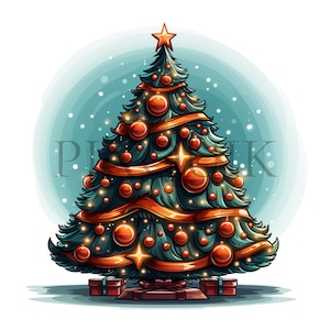 a christmas tree with presents under a snow globe