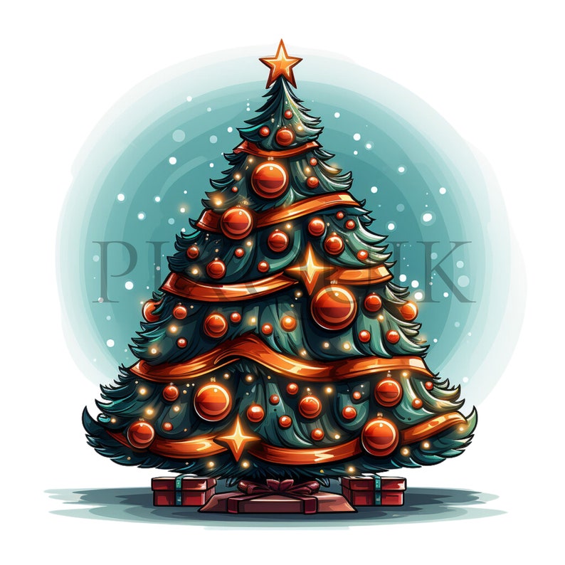 a christmas tree with presents under a snow globe