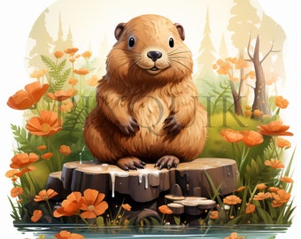 ビーバーの水彩画クリップアート | 森の動物のデジタルダウンロード