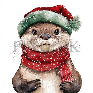 Otter mit Weihnachtsmütze Clipart | 10 JPG-Dateien und PNG-Kartenherstellung | Digitale Papiermodelle | Aquarell Kunst | Süßes Feiertags-Tier