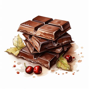 May include: A stack of dark chocolate bars with a glossy finish, arranged on a white background with red berries scattered around.