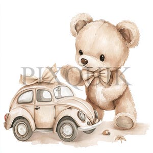 Ursinho de pelúcia com clipart de carro de brinquedo | 10 arquivos JPG e PNG | Criação de cartões | Artesanato em papel digital | Arte em aquarela | Estilo Boho, carro marrom