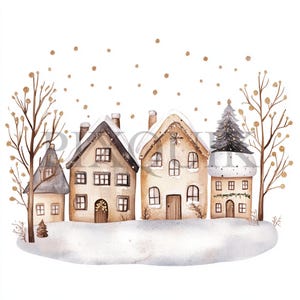 Clipart de pueblo navideño / 10 archivos JPG y PNG / Creación de tarjetas / Manualidades digitales con papel / Arte de acuarela / Escena festiva de pueblo