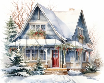 Clipart de Casa de Inverno em Aquarela | Casa de Férias Aconchegante (Download Digital)