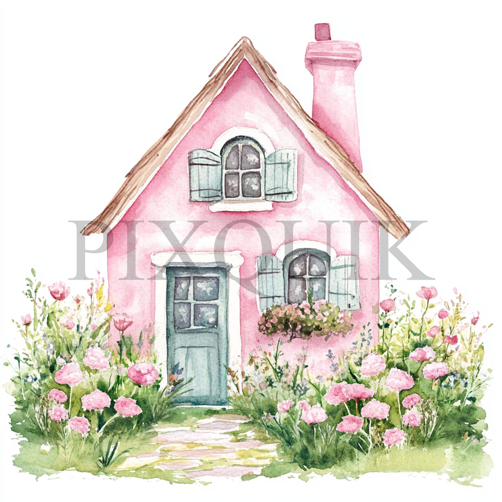 Pink Country Cottage Clipart: Vintage Watercolor Art (digital Download ...