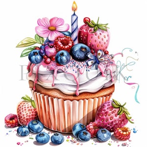 Aquarel verjaardag cupcake clipart 1 | 10 JPG's van hoge kwaliteit | Digitale download | Verjaardagscupcake | Aquarelcupcakes | Cupcake Clipart
