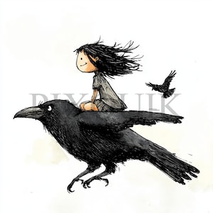 Ragazze e corvo Clipart / 10 file JPG e PNG / Creazione di biglietti / Artigianato di carta digitale / Arte ad acquerello / Scena emotiva, design mistico,