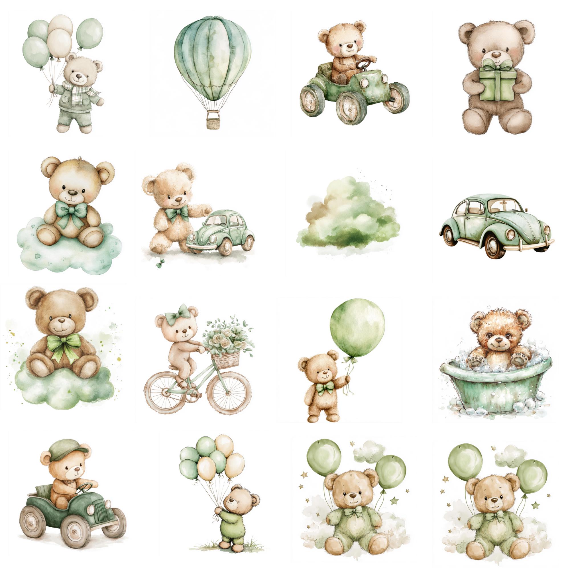 Watercolor Green Teddy Bear Clipart Bundle: 160+ JPG & PNG Files - Etsy