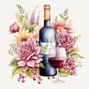 Clipartset wijn en bloemen | 10 JPG's van hoge kwaliteit | Elegante bloemen- en wijnkunst | Feestillustraties | Plakboek, afdrukbaar