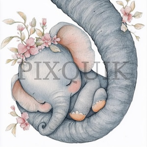 Sleeping Baby Elephant Clipart: Girl Nursery Art (JPG)