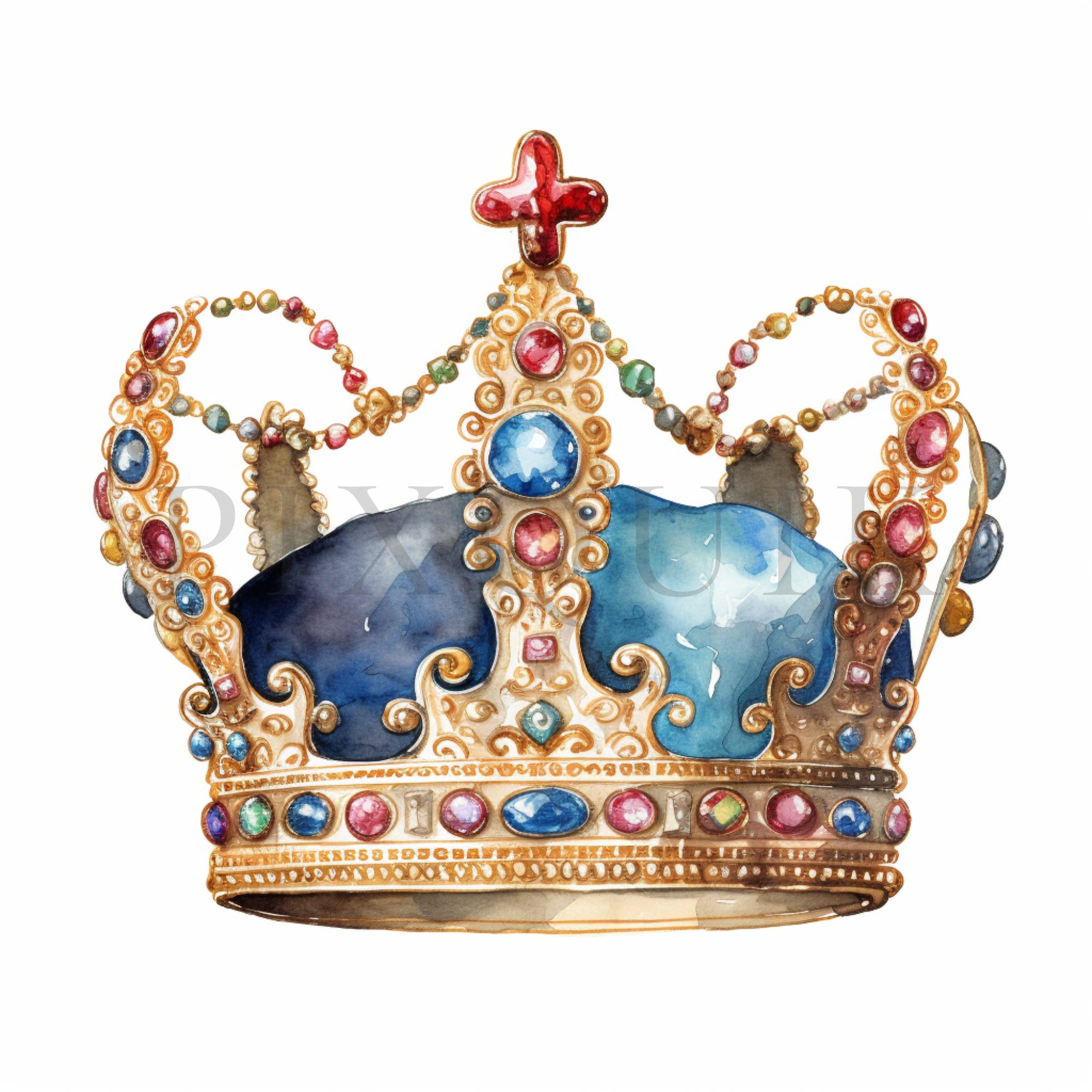 水彩画の宝石付き金の王冠クリップアート | 王室のイラスト (JPG