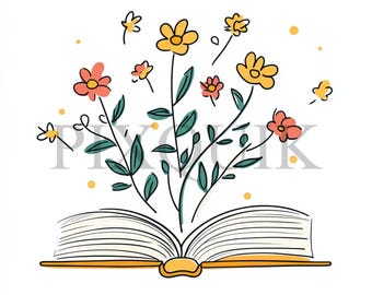 May include: An open book with a bouquet of yellow and pink flowers growing from the pages. The flowers are drawn in a simple, whimsical style.