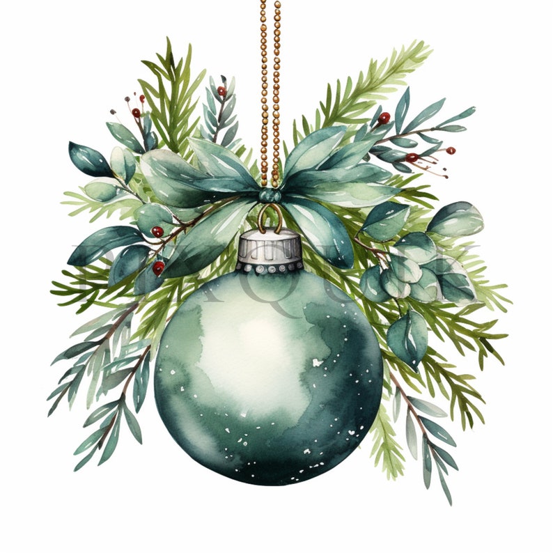 a green christmas ornament hanging from a tree branch