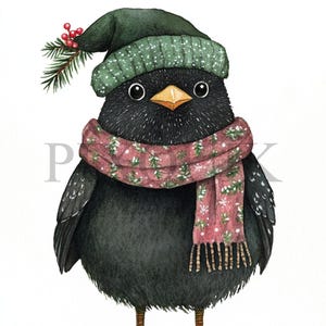 Corvo com chapéu de Natal Clipart | 10 arquivos JPG e PNG | Criação de cartões | Artesanato em papel digital | Arte em aquarela | Pássaro fofo de corvo para o feriado