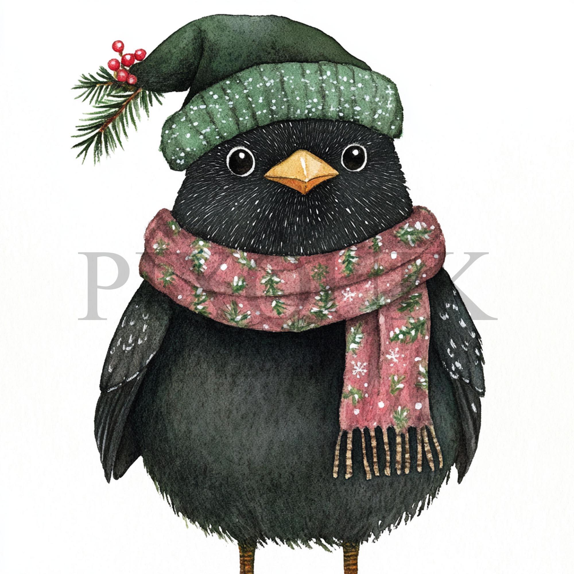 水彩カラスのクリスマスクリップアート：ホリデーバードアート（JPG