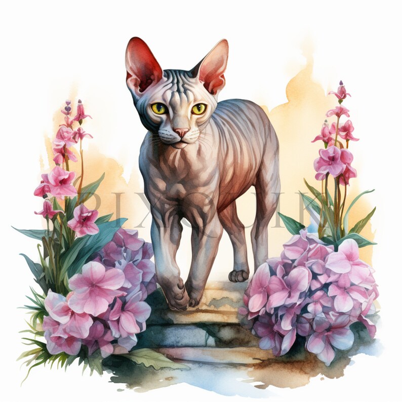 Sphynx Cat Floral Illustration | High-quality Jpgs (digital Download ...