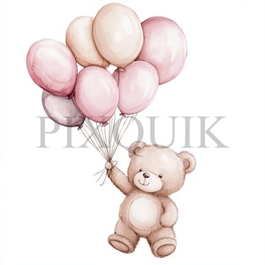 Orsetto con palloncini Clipart / 10 file JPG e PNG / Creazione di biglietti / Artigianato di carta digitale / Arte ad acquerello / Stile Boho, orso rosa