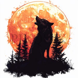 Clipart di luna piena con lupo che ulula / 10 file JPG e PNG / Creazione di biglietti / Artigianato di carta digitale / Arte ad acquerello / Scena lunare nella natura selvaggia