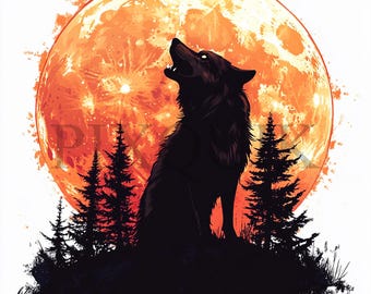 Howling Wolf Full Moon Clipart: Watercolor Wilderness Scene (JPG & PNG)